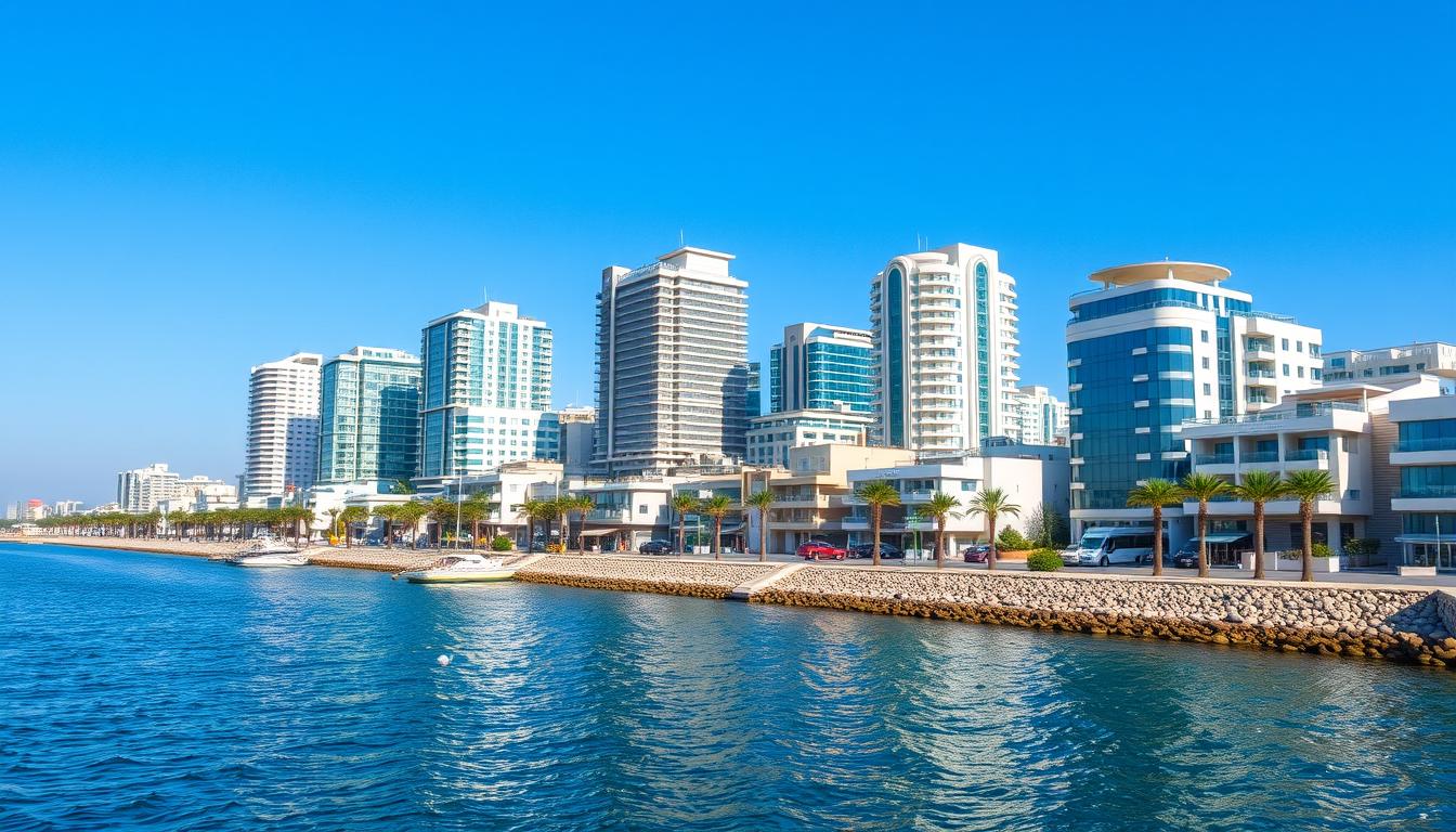 Business opportunities in Cyprus showing the Mediterranean coastline with modern office buildings