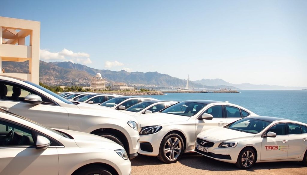 Car rental fleet in Cyprus with Mediterranean backdrop Car rental fleet in Cyprus with Mediterranean backdrop